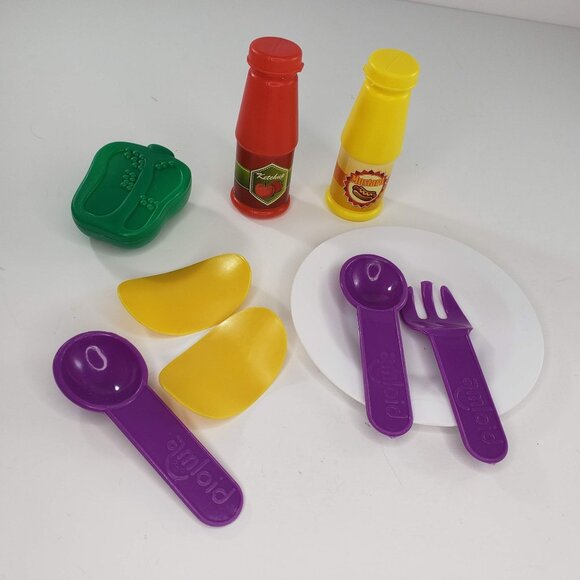 Amloid Pretend Food Toy Kitchen Set Plate Fork & Spoon Ketchup Mustard Bottles - Picture 2 of 6